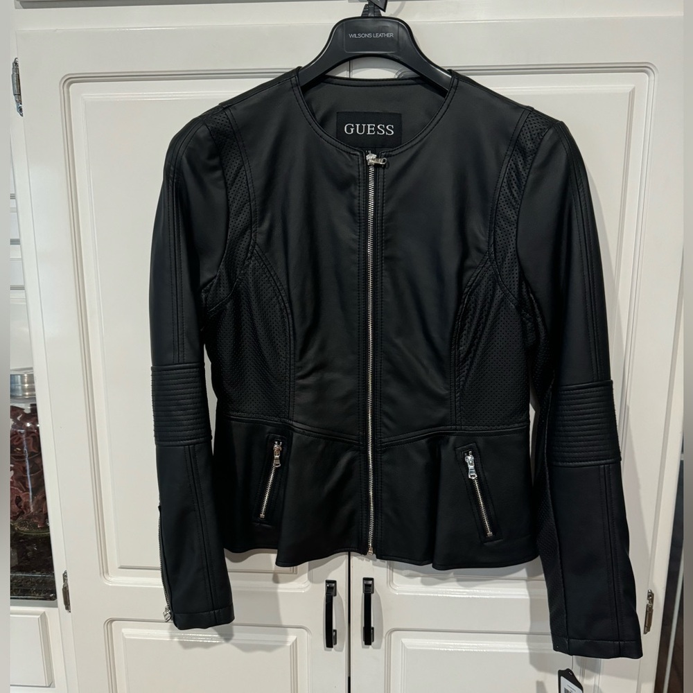 Guess Faux Leather Peplam Jacket, Black, Size Large, NWT